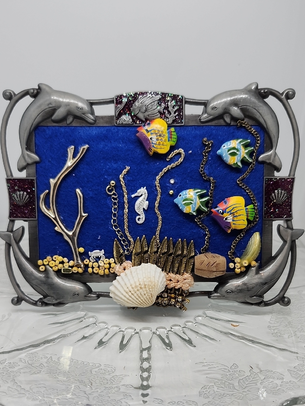 Nautical Wall Art Frame with Colorful Fish and Shell Jewerly Art